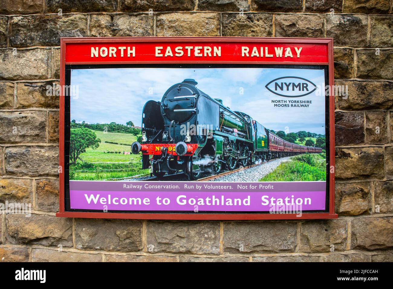 Goathland, UK - June 9th 2022: Welcome sign at Goathland Station in North Yorkshire, UK. The station serves the village of Goathland in the North York Stock Photo
