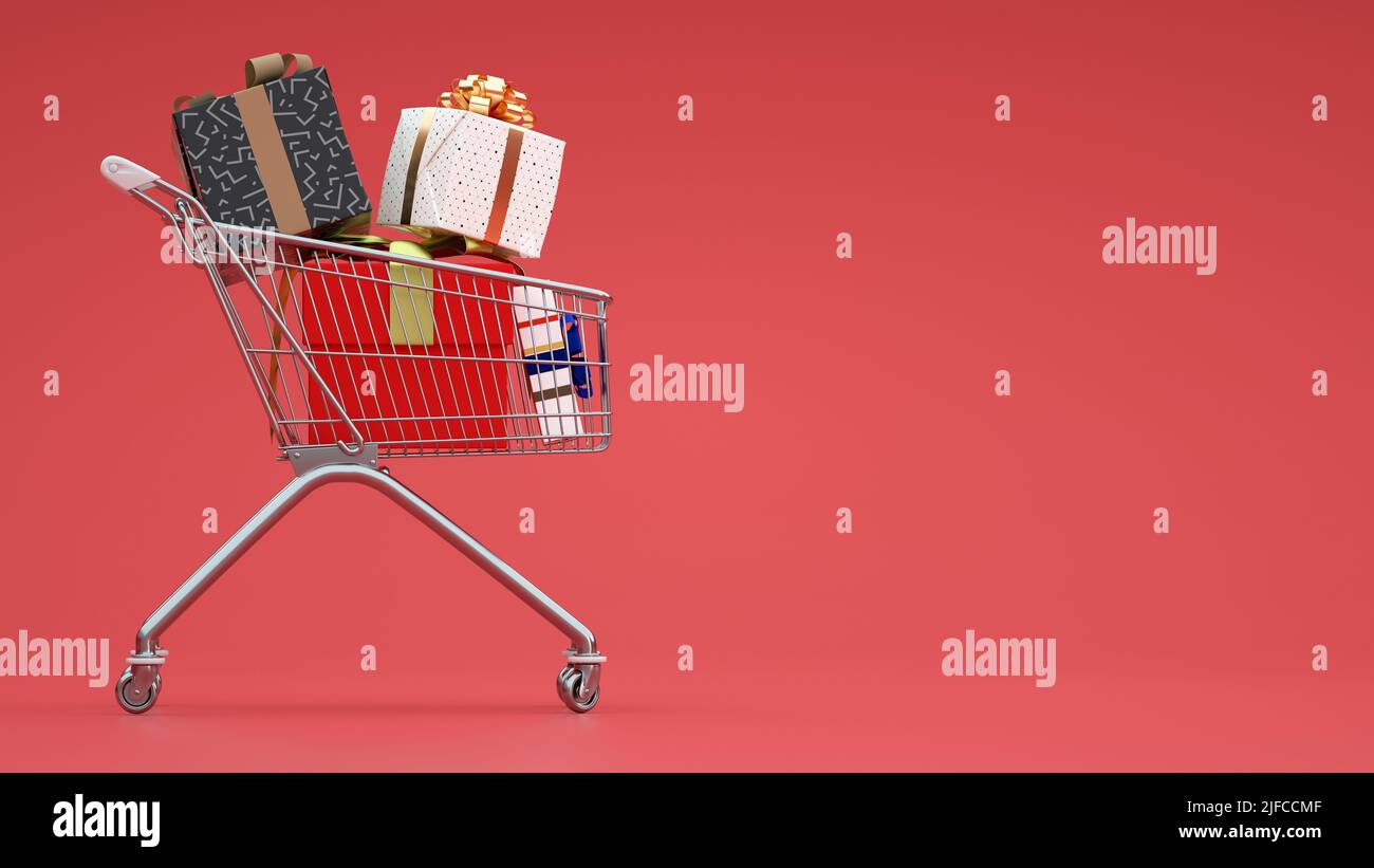 A 3D rendering of a shopping cart with gift boxes on a red background ...