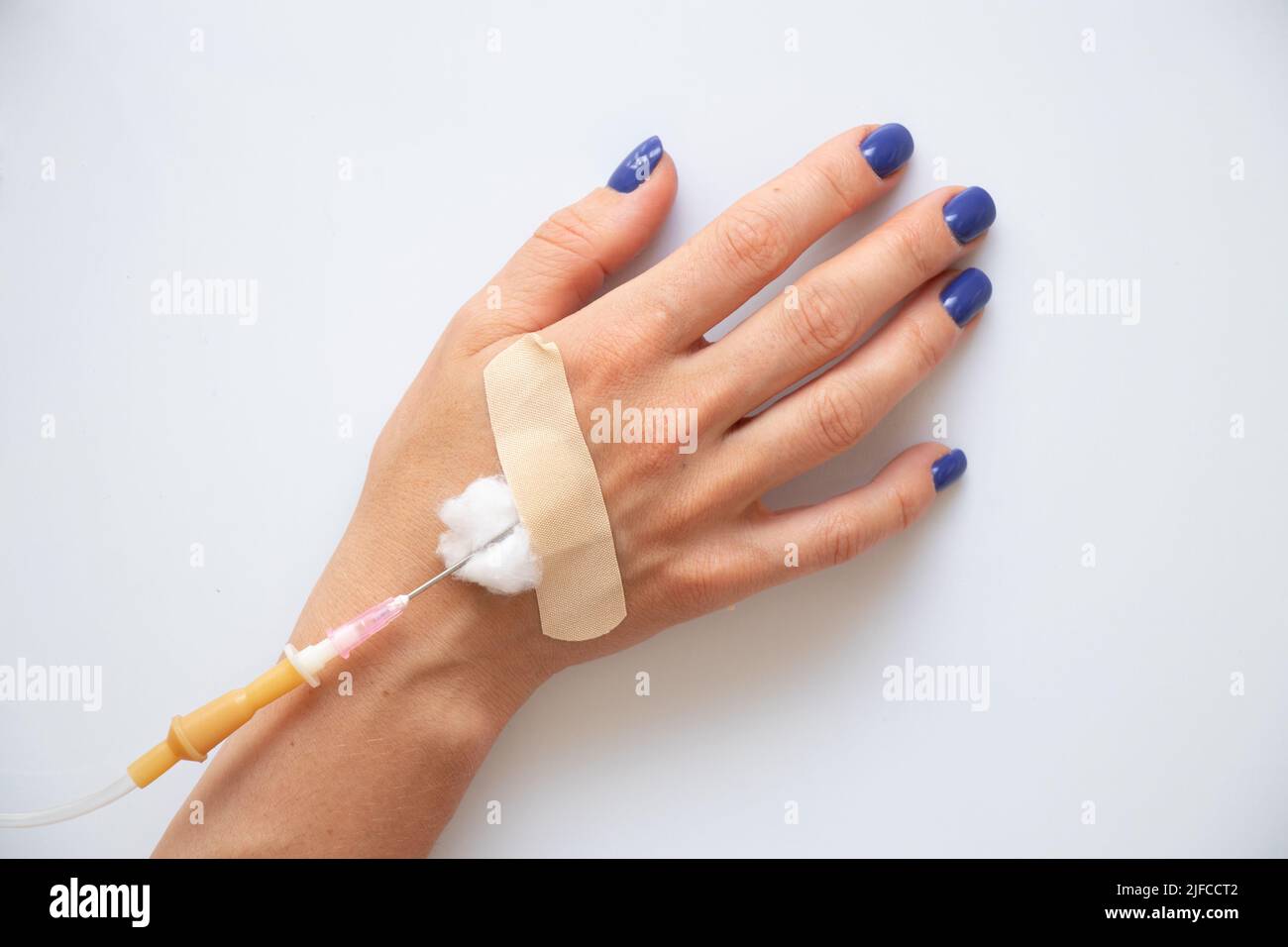 Woman's hand with a dropper on a white background, treatment, medicine and medicine, intravenous drip Stock Photo