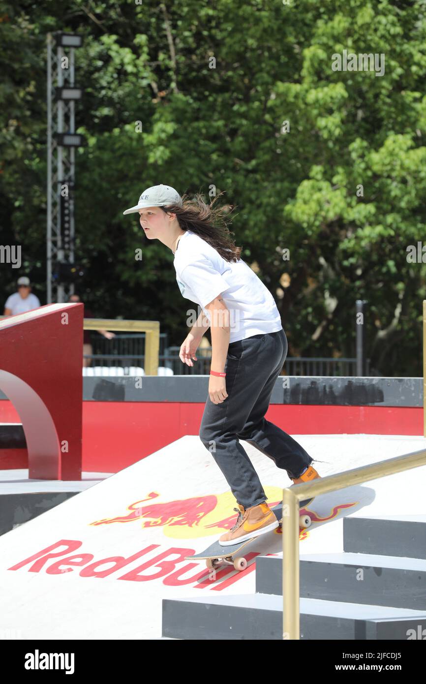 Rome, Italy. 01st July, 2022. At Parco del Colle Oppio in Rome, the World Championship of skateboarding. In this picture Georgia Martin (Photo by Paolo Pizzi/Pacific Press) Credit: Pacific Press Media Production Corp./Alamy Live News Stock Photo