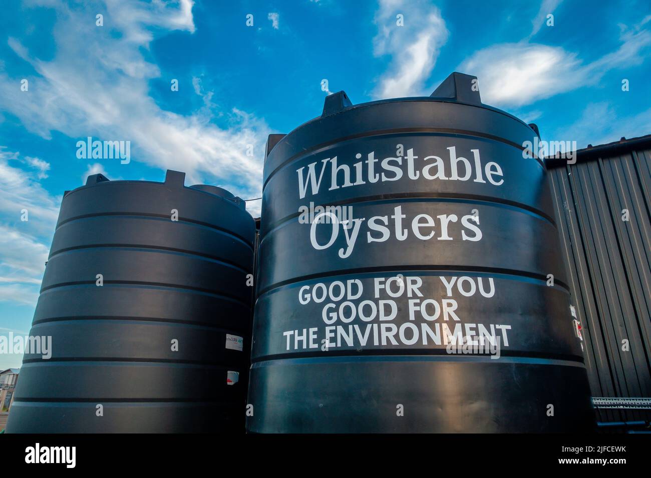 Whitstable Oysters,Water Tank,Whitstable Beach,Whitstable, Kent,Good you you. Good for the Environment Stock Photo