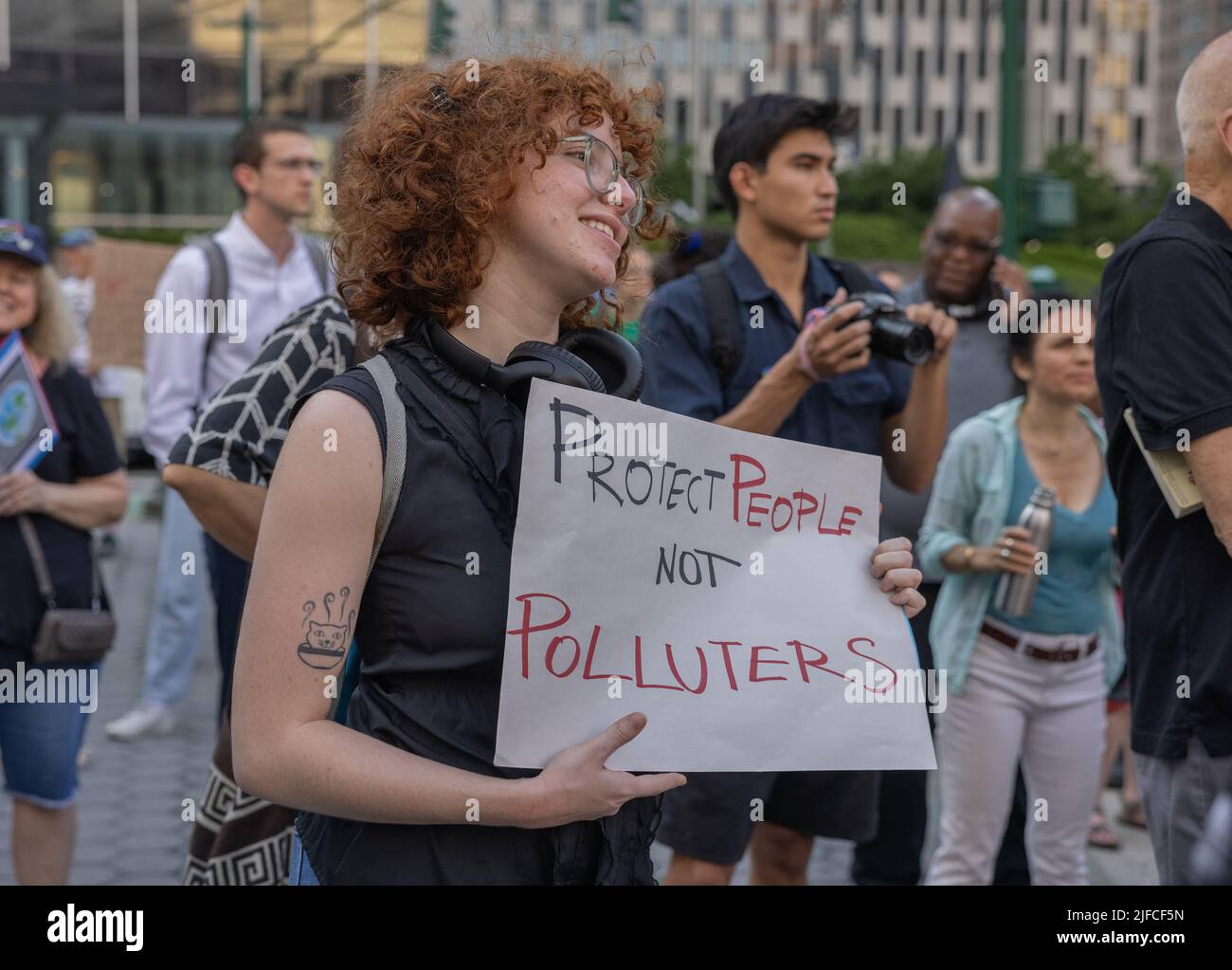 NEW YORK, N.Y. – June 30, 2022: Protesters rally in Manhattan after the U.S. Supreme Court curbed the EPA's authority to regulate emissions. Stock Photo
