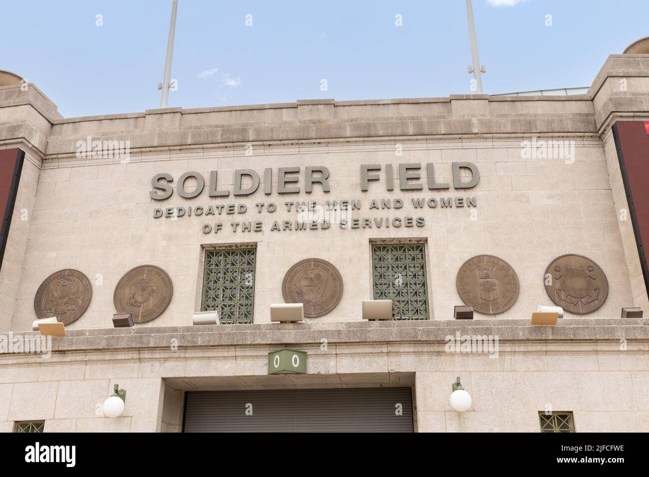Soldier Field is home to the Chicago Bears and owned by the Chicago Park District. The stadium can hold 61,500 people for sports, concerts, and others. Stock Photo