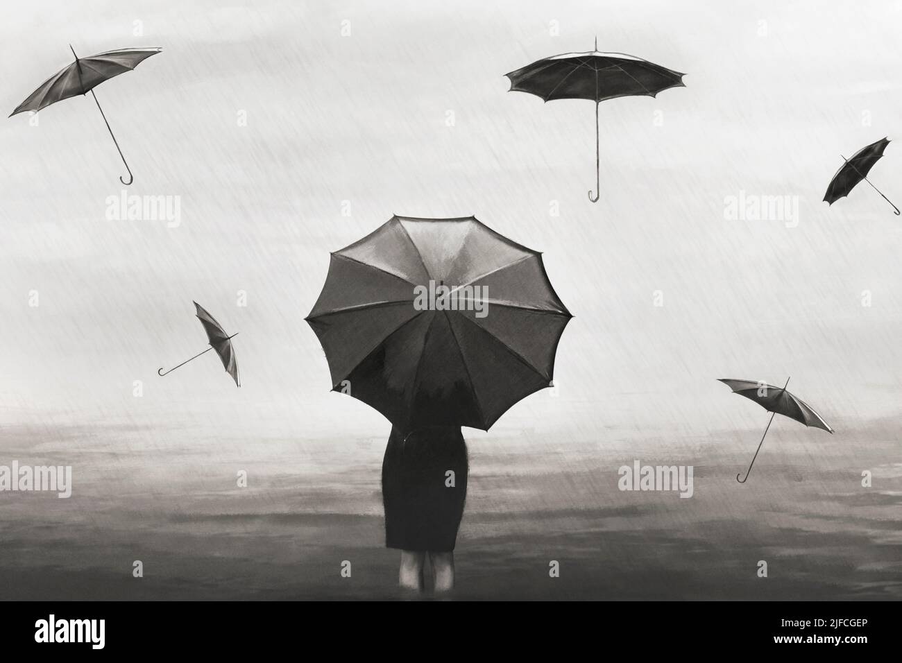 surreal woman with umbrella in the rain with flying black umbrellas around Stock Photo