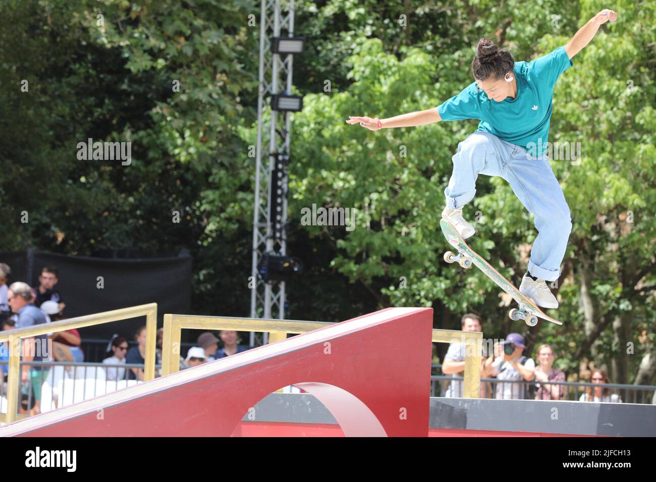 Roma, Italy. 01st July, 2022. At Parco del Colle Oppio in Rome, the World Championship of skateboarding. In this picture Mariah Duran (Photo by Paolo Pizzi/Pacific Press/Sipa USA) Credit: Sipa USA/Alamy Live News Stock Photo