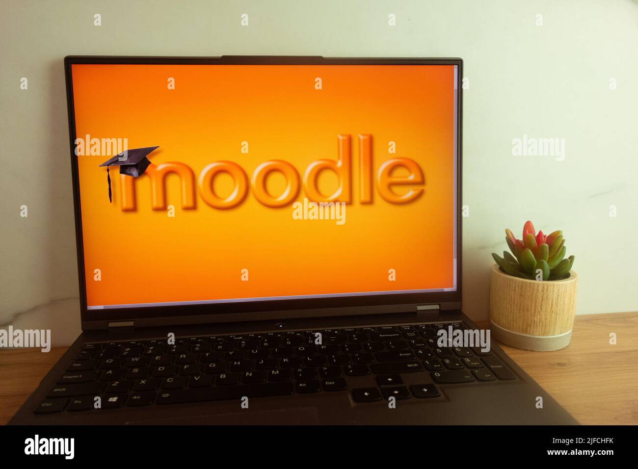 KONSKIE, POLAND - June 30, 2022: Moodle free learning management system logo displayed on laptop computer screen Stock Photo