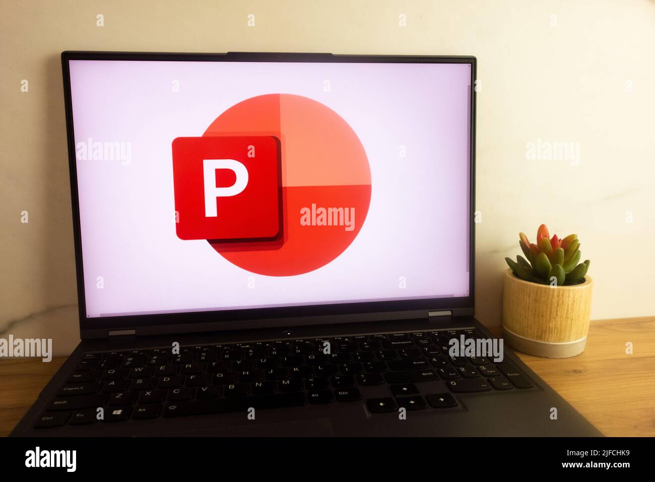 KONSKIE, POLAND - June 30, 2022: Microsoft PowerPoint presentation program logo displayed on laptop computer screen Stock Photo