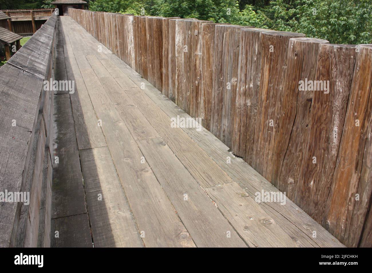 Wooden walkway on the walls of Fort Langley, a national monument in BC Stock Photo