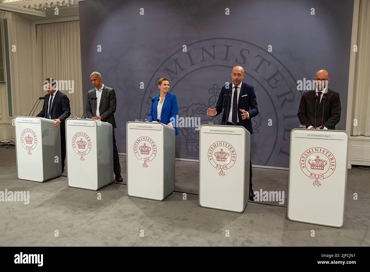 COPENHAGEN, DENMARK - JULY 01, 2022: Danish Prime Minister, Mette Frederiksen seen at the press conference at the Ministry of State in Copenhagen, whe Stock Photo