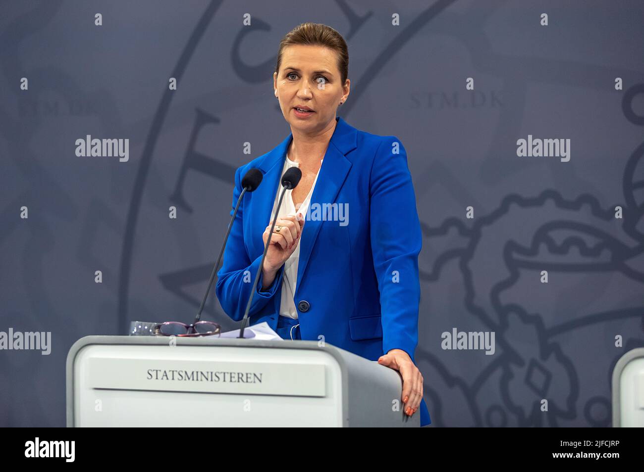 COPENHAGEN, DENMARK - JULY 01, 2022: Danish Prime Minister, Mette Frederiksen during the press conference at the Ministry of State in Copenhagen, wher Stock Photo