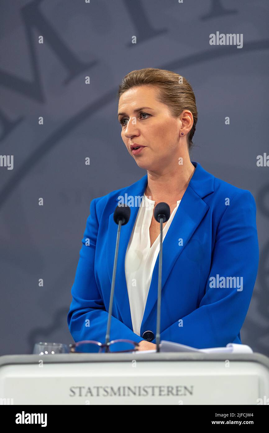 COPENHAGEN, DENMARK - JULY 01, 2022: Danish Prime Minister, Mette Frederiksen during the press conference at the Ministry of State in Copenhagen, wher Stock Photo