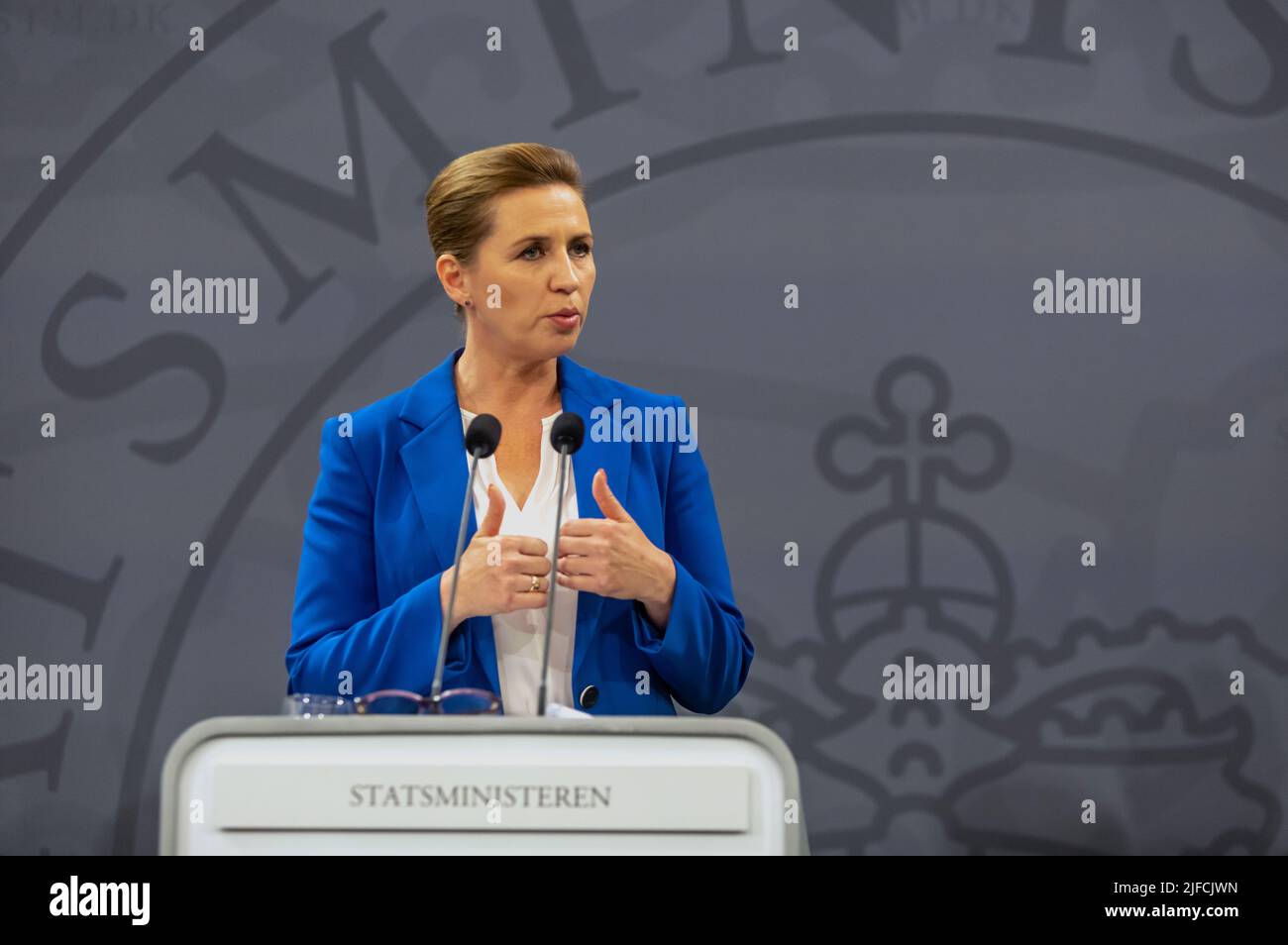COPENHAGEN, DENMARK - JULY 01, 2022: Danish Prime Minister, Mette Frederiksen during the press conference at the Ministry of State in Copenhagen, wher Stock Photo