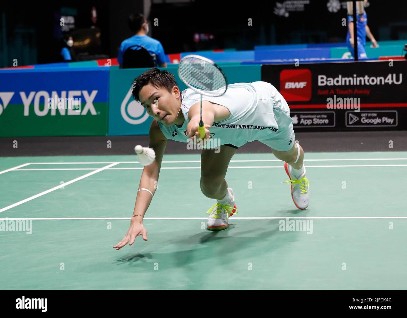 Kento Momota of Japan competes against Shesar Hiren Rhustavito of Indonesia during the Mens Single Quarter-finals match of the Petronas Malaysia Open 2022 at Axiata Arena, Bukit Jalil
