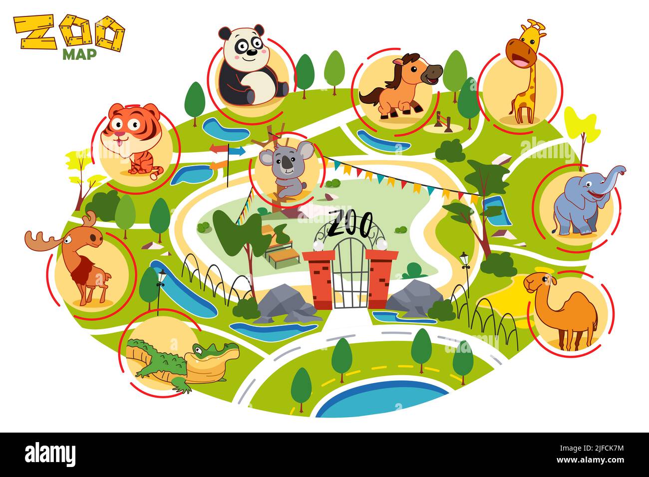 A vector illustration of Zoo Map Cute Cartoon Animals Stock Vector