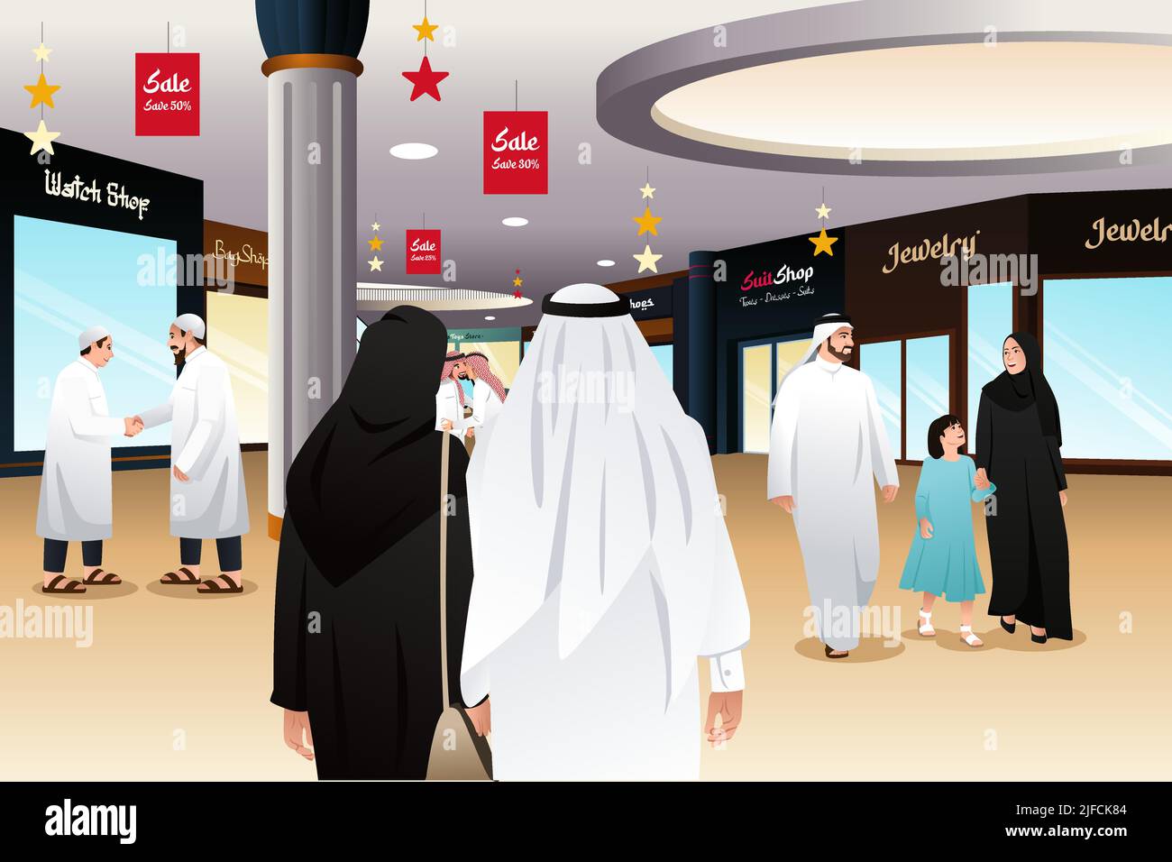 A vector illustration of Muslim People Shopping in a Mall Stock Vector