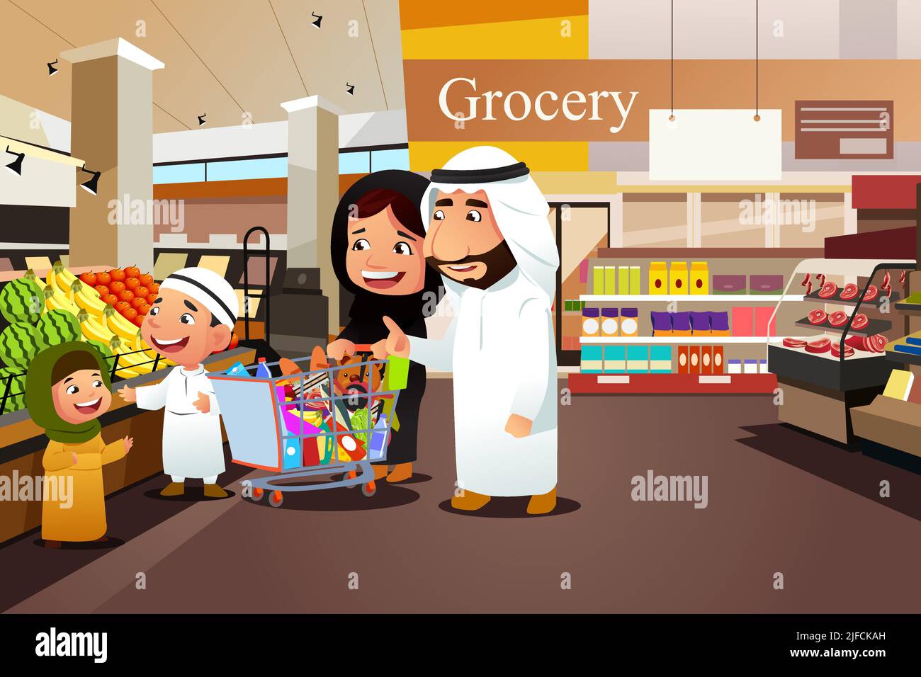 A vector illustration of Muslim Family Shopping in Grocery Store Stock Vector