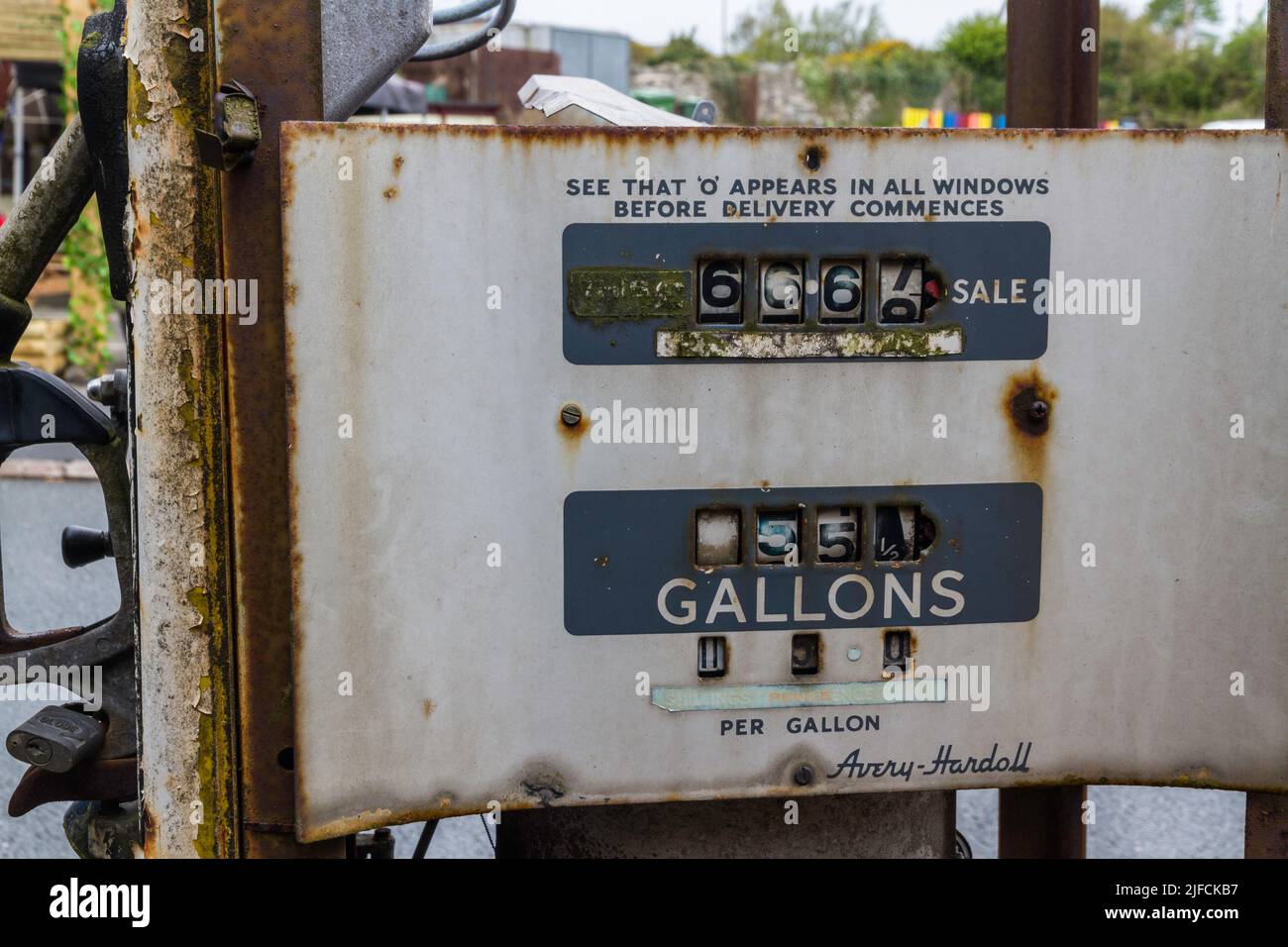 LLANRUG, WALES – MAY 10  2021: Detail of derelict vintage Avery-Hardoll petrol fuel gas pump. Stock Photo