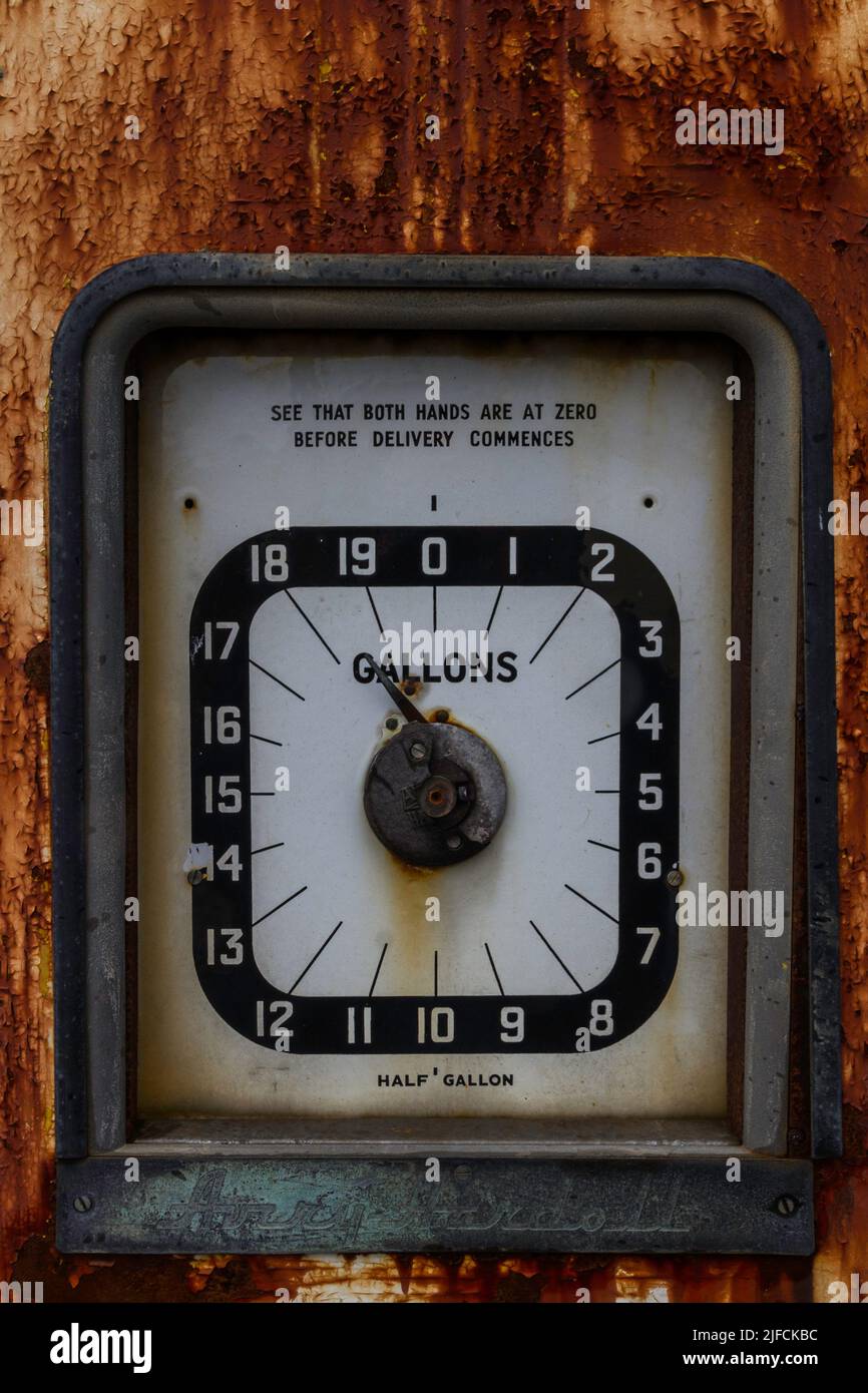 LLANRUG, WALES – MAY 10  2021: Detail of derelict vintage Avery-Hardoll petrol fuel gas pump portrait, close up. Stock Photo