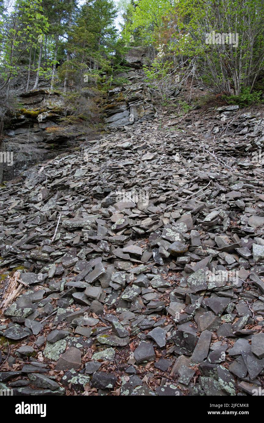 A rock slide of eroded shale and graywacke along a hiking trail on Mount Rose in the Grand Portage National Monument, Cook County, Minnesota, USA Stock Photo
