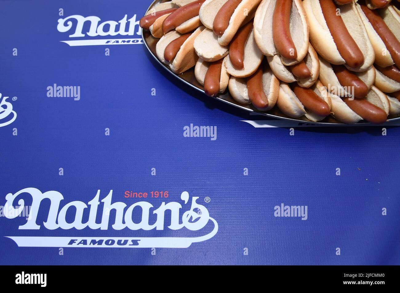 New York, USA. 01st July, 2022. A tray of hot dogs on display at the