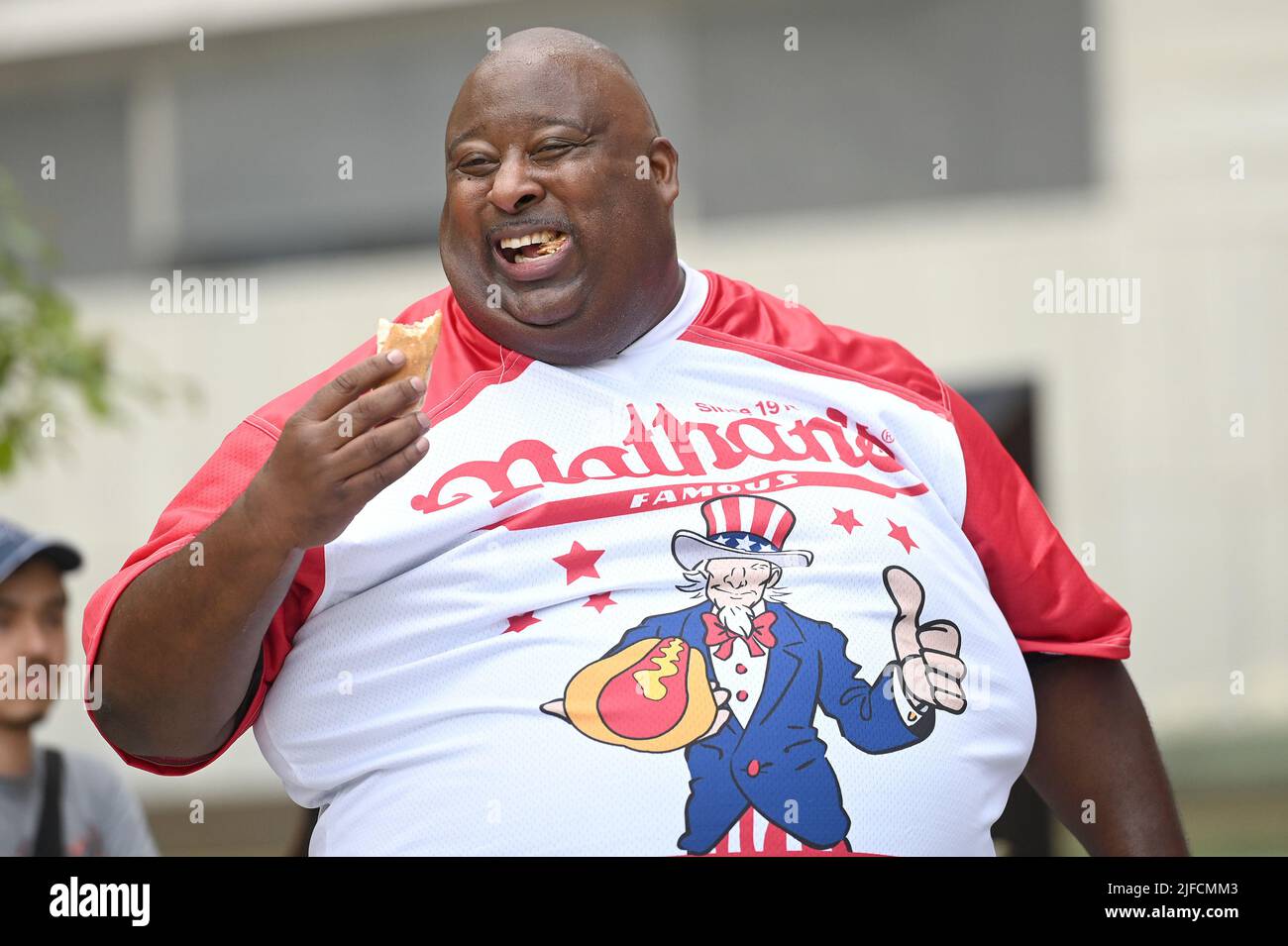 New York, USA. 01st July, 2022. Competitive eater Eric “Badlands