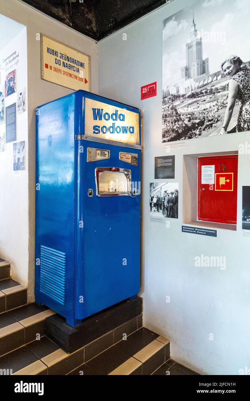 A retro soda water vending machine at the Museum of Life in the Polish People's Republic (Muzeum Życia w PRL), Warsaw, Poland Stock Photo