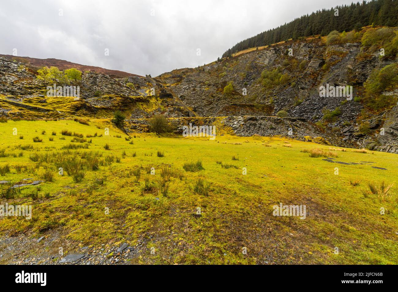 Penmachno Slate Quarry in Snowdonia, North Wales, UK landscape, Wide Angle. Stock Photo