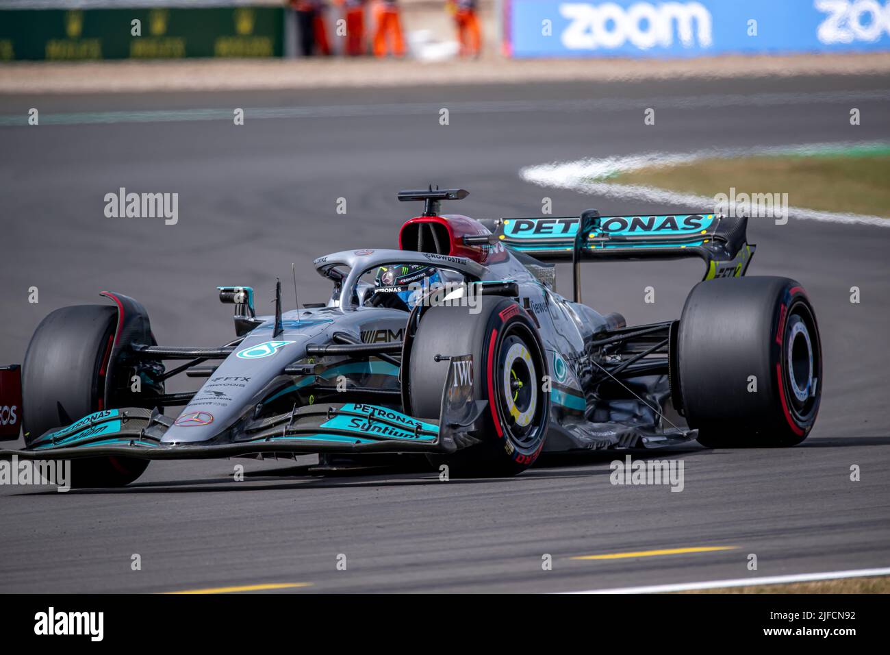 Silverstone, UK, 01st Jul 2022, George Russell, from the UK competes for Mercedes AMG . Practice, round 10 of the 2022 Formula 1 championship. Credit: Michael Potts/Alamy Live News Stock Photo
