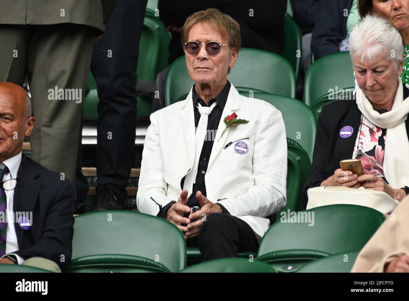 01 July 2022. London, United Kingdom.  Sir Cliff Richard watches centre court tennis   on day 5 of the Wimbledon Tennis Championships held at the All England Lawn Tennis and Croquet Club. Photo by Ray Tang. Stock Photo