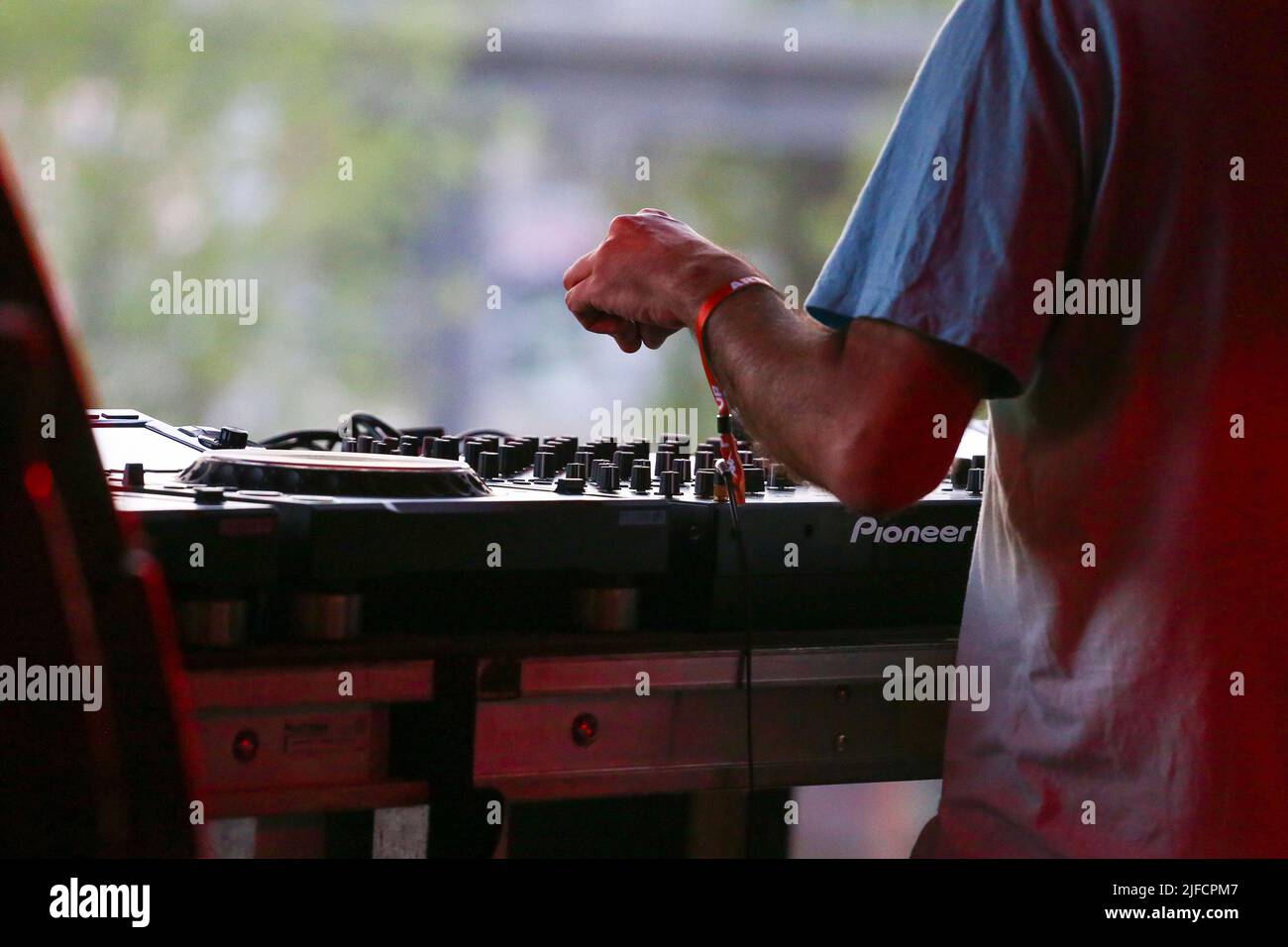 Turin, Italy. 01st July, 2022. TURIN, ITALY - 01 JULY 2022. A dj during the Kappa FuturFestival 2022 on 01 July 2022 at Parco Dora in Turin, Italy. The electronic music festival with artists from all over the world will take place over three days from 1 to 3 July.. Credit: Massimiliano Ferraro/Medialys Images/Alamy Live News Credit: Medialys Images by Massimiliano Ferraro/Alamy Live News Stock Photo