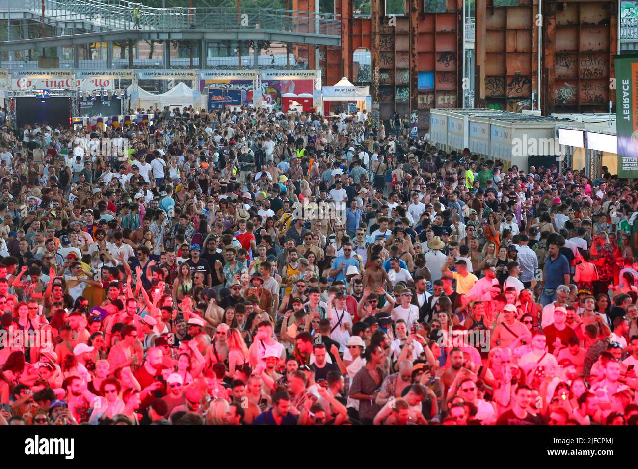 Turin, Italy. 01st July, 2022. TURIN, ITALY - 01 JULY 2022. People during  the Kappa FuturFestival 2022 on 01 July 2022 at Parco Dora in Turin, Italy.  The electronic music festival with