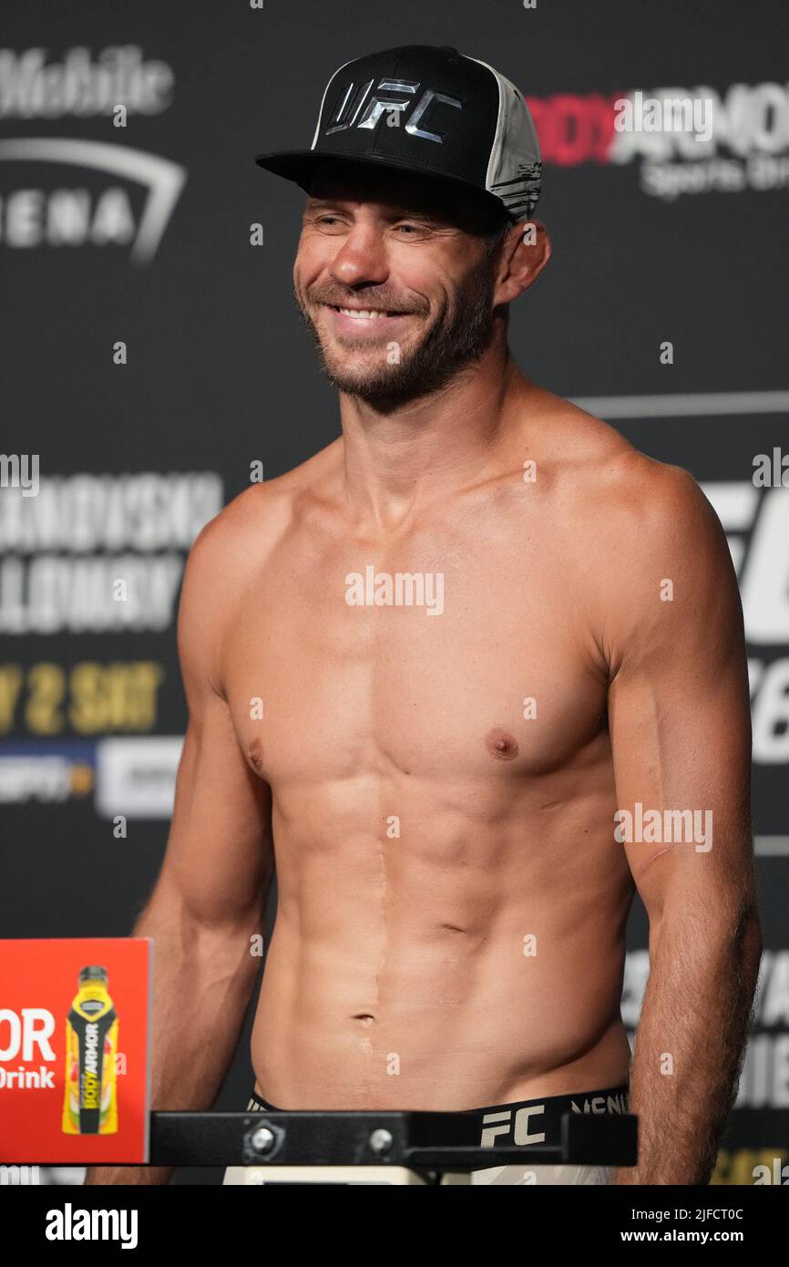 July 1, 2022, LAS VEGAS, NV, LAS VEGAS, NV, United States: LAS VEGAS, NV - June 1: Donald Cerrone steps on the scale for the official weigh-ins at T-Mobile Arena for UFC 276 on July 1, 2022 in LAS VEGAS, NV, United States. (Credit Image: © Louis Grasse/PX Imagens via ZUMA Press Wire) Stock Photo