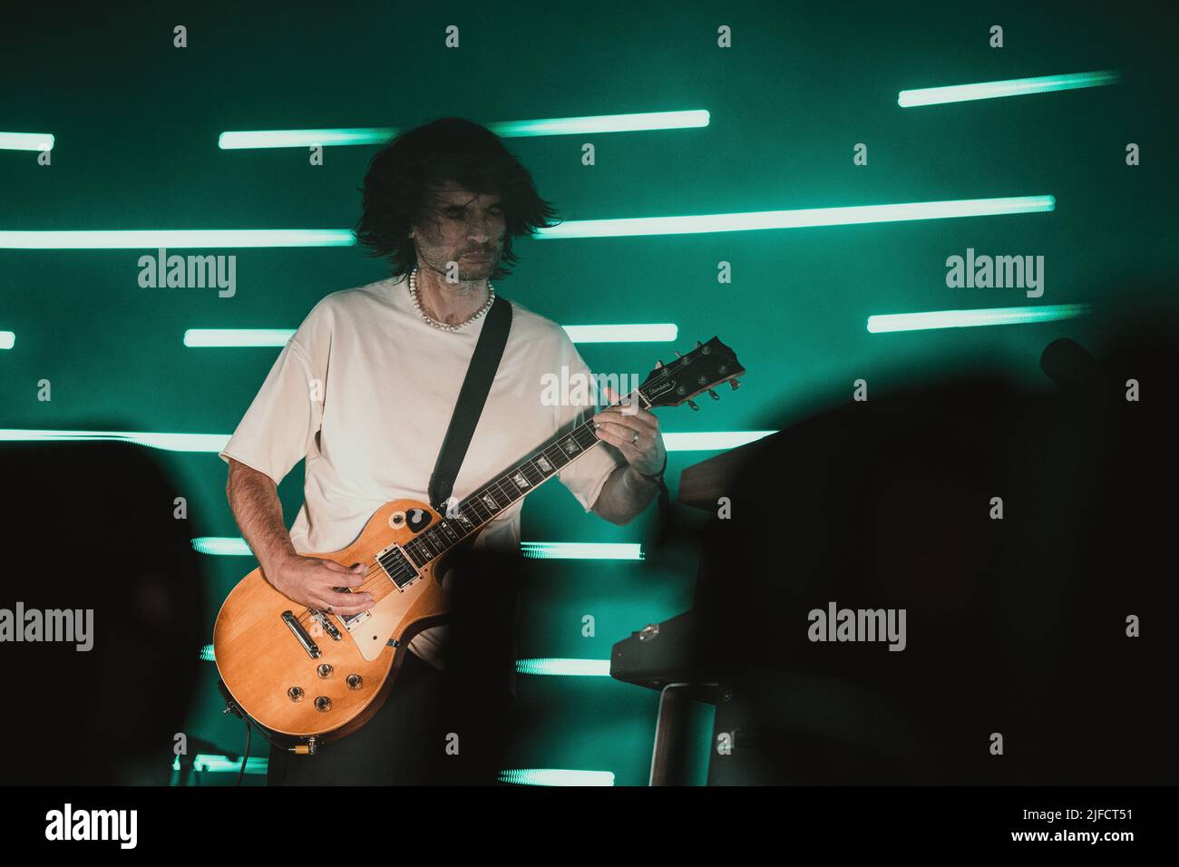 Roskilde, Denmark. 01st July, 2022. The English rock band The Smile  performs a live concert during the Danish music festival Roskilde Festival  2022 in Roskilde. Here guitarist Jonny Greenwood is seen live