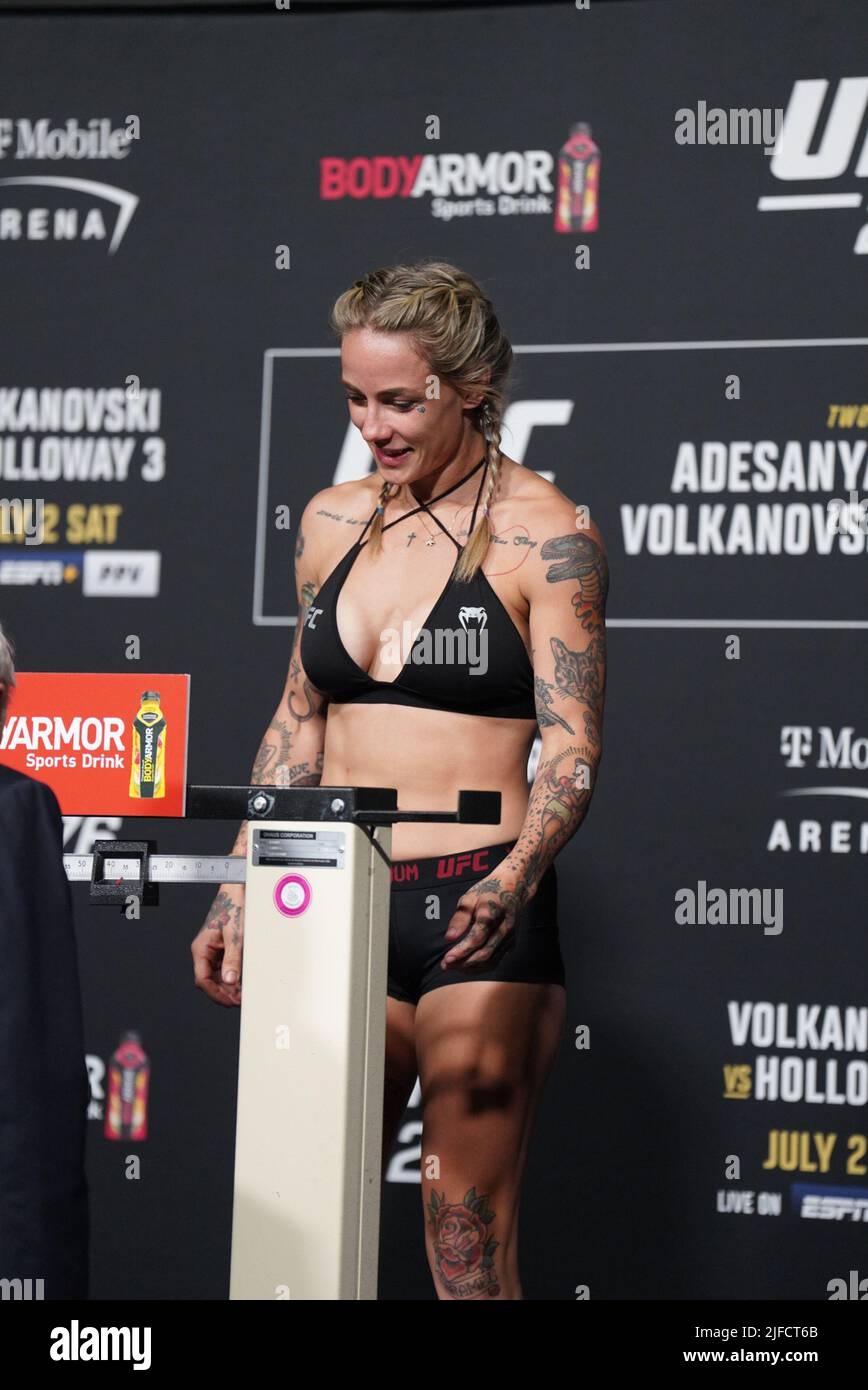 June 30, 2022, LAS VEGAS, NV, LAS VEGAS, NV, United States: LAS VEGAS, NV - June 1: Jessica-Rose Clark steps on the scale for the official weigh-ins at T-Mobile Arena for UFC 276 on June 1, 2022 in LAS VEGAS, NV, United States. (Credit Image: © Louis Grasse/PX Imagens via ZUMA Press Wire) Stock Photo