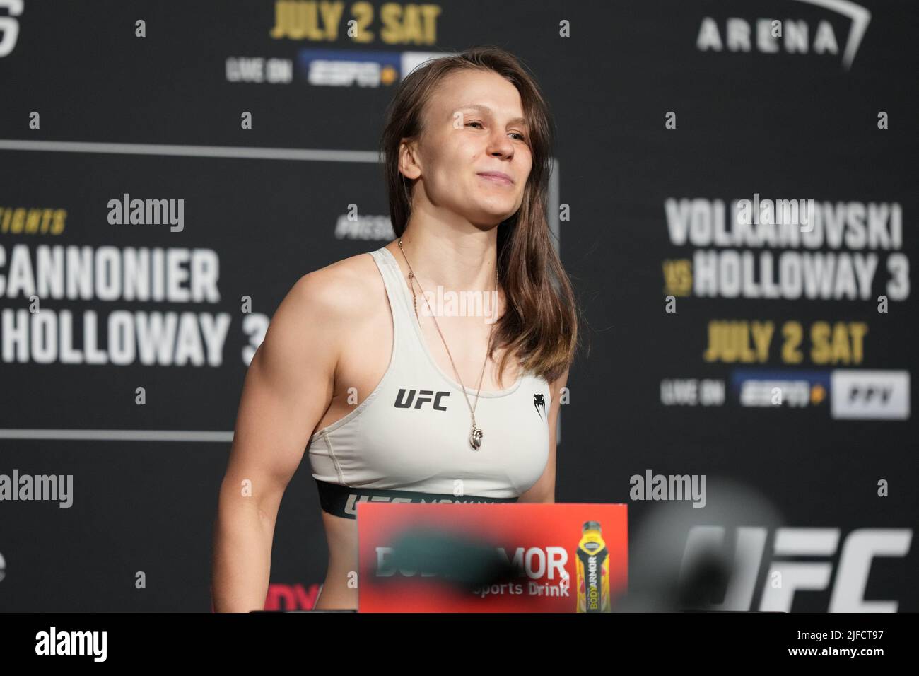 July 1, 2022, LAS VEGAS, NV, LAS VEGAS, NV, United States: LAS VEGAS, NV - June 1: Julija Stoliarenko steps on the scale for the official weigh-ins at T-Mobile Arena for UFC 276 on July 1, 2022 in LAS VEGAS, NV, United States. (Credit Image: © Louis Grasse/PX Imagens via ZUMA Press Wire) Stock Photo