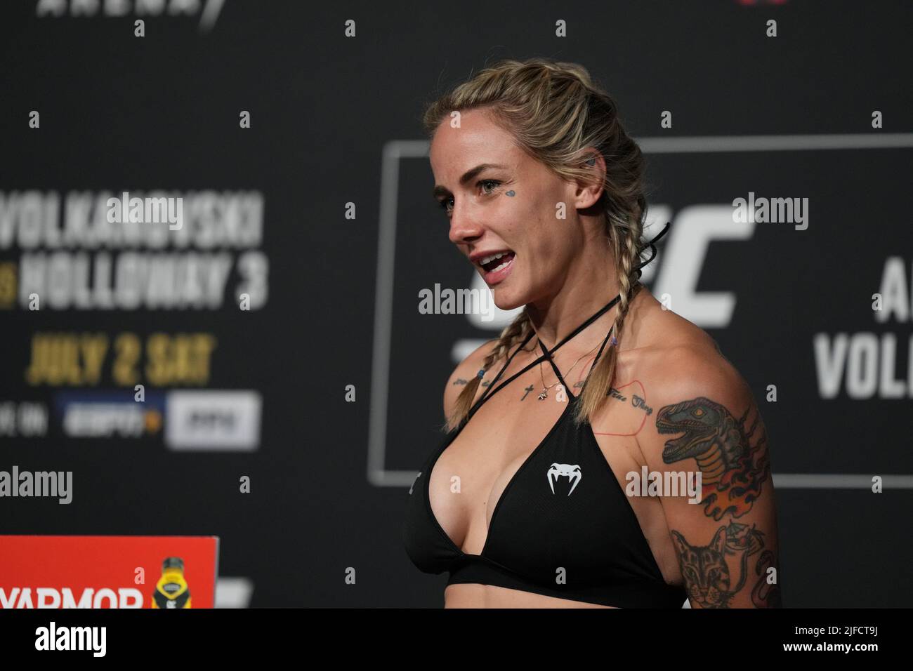July 1, 2022, LAS VEGAS, NV, LAS VEGAS, NV, United States: LAS VEGAS, NV - June 1: Jessica-Rose Clark steps on the scale for the official weigh-ins at T-Mobile Arena for UFC 276 on July 1, 2022 in LAS VEGAS, NV, United States. (Credit Image: © Louis Grasse/PX Imagens via ZUMA Press Wire) Stock Photo