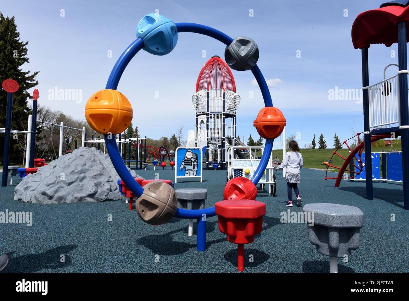 A view of the children’s playground equipment in Rocketship Park in Edmonton, Alberta, Canada
