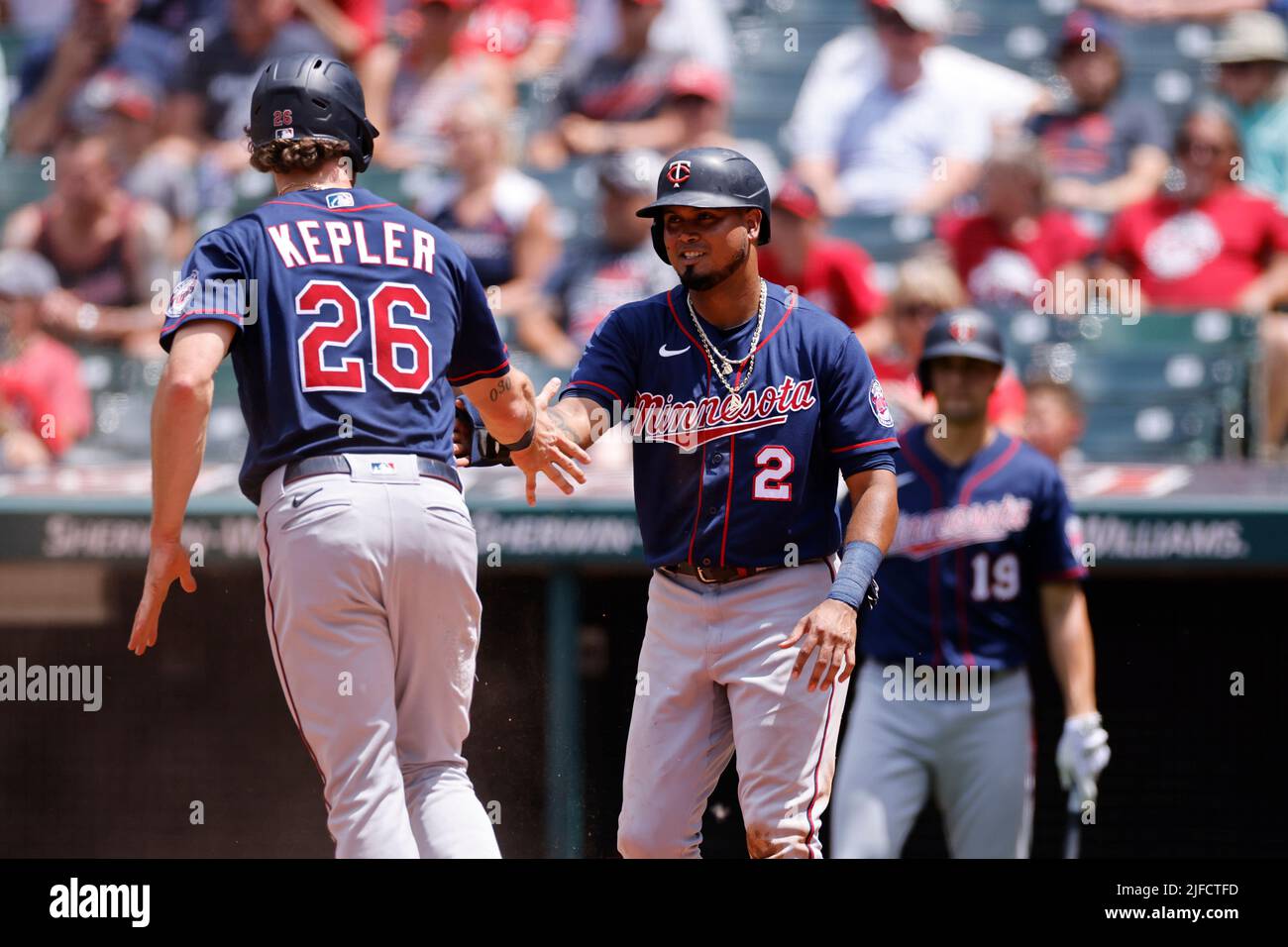 Cleveland, United States. 30th June, 2022. CLEVELAND, OH - JUNE 30:  Minnesota Twins second baseman Luis Arraez (2) and right fielder Max Kepler  (26) celebrate after scoring two of three runs on