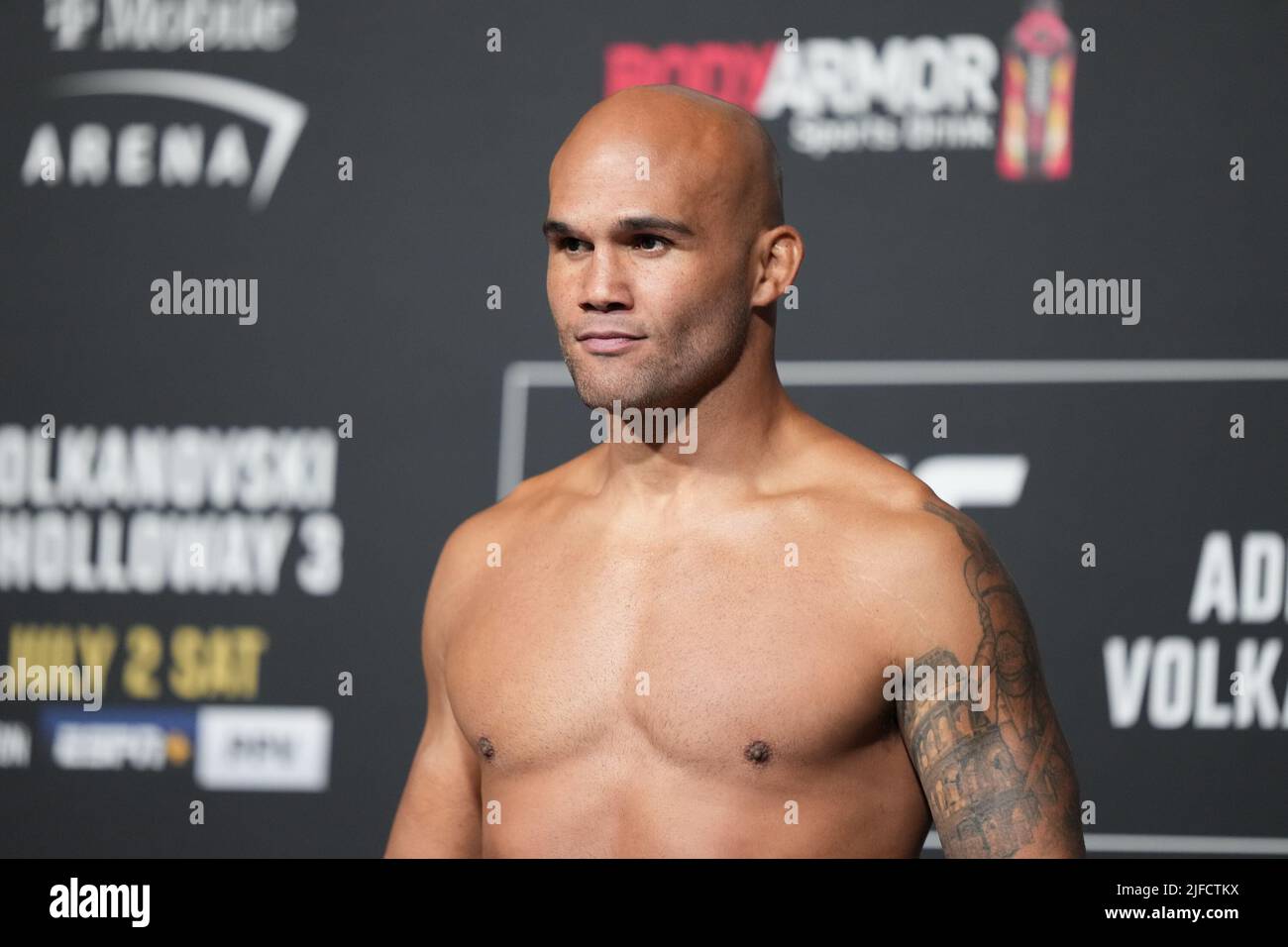 July 1, 2022, LAS VEGAS, NV, LAS VEGAS, NV, United States: LAS VEGAS, NV - June 1: Robbie Lawler steps on the scale for the official weigh-ins at T-Mobile Arena for UFC 276 on July 1, 2022 in LAS VEGAS, NV, United States. (Credit Image: © Louis Grasse/PX Imagens via ZUMA Press Wire) Stock Photo