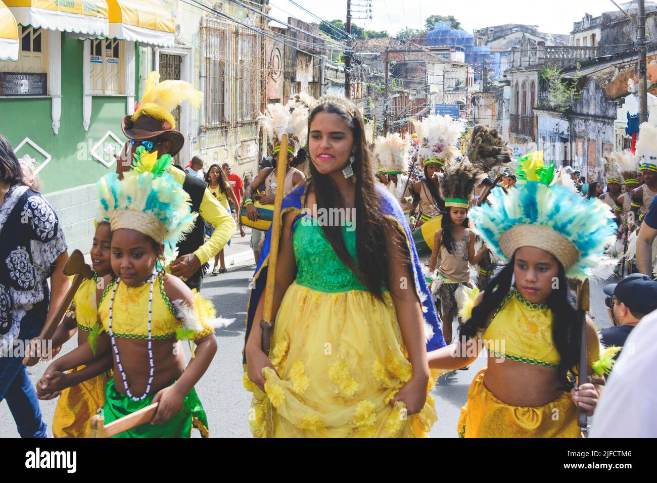 Salvador, Bahia, Brazil - July 02, 2017: Indigenous peoples participate protesting in the Dois de Julho cultural parade in Lapinha neighborhood in Sal Stock Photo