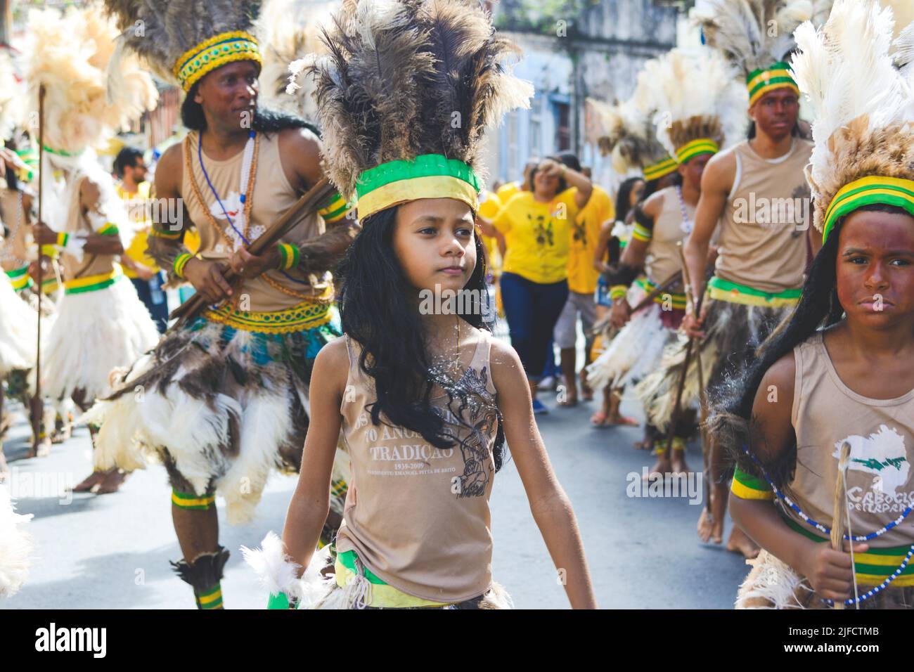 Salvador, Bahia, Brazil - July 02, 2017: Indigenous peoples participate protesting in the Dois de Julho cultural parade in Lapinha neighborhood in Sal Stock Photo