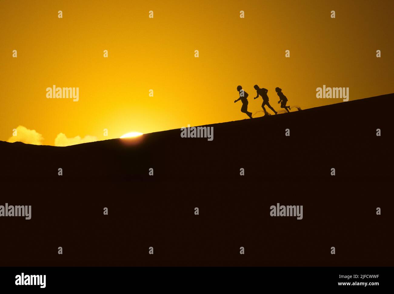 A family running on a sand dune Stock Photo
