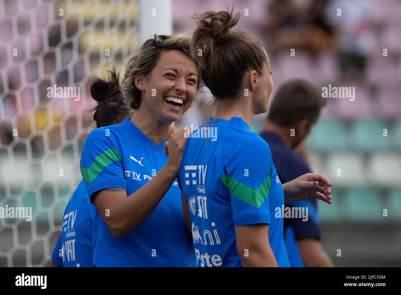 Valentina Giacinti and Aurora Galli of Italy before the Womens International friendly match between Italy and Spain at Teofilo Patini Stadium on July 01, 2022 in Castel di Sangro , Italy