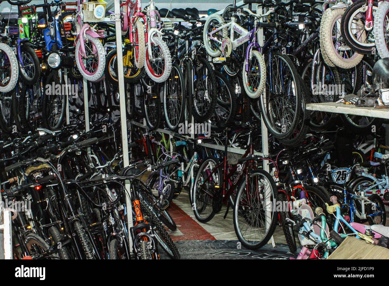 General view of assembled second hand bicycles imported from the