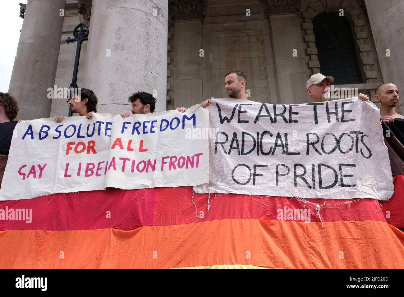 London, UK, 1st July, 2022. Veterans of the first Pride march in the UK and other LGBT+ activists marked the 50th anniversary of the event by marching along the original route taken in 1972.  The demonstrators took Pride back to its Gay Liberation Front (GLF) roots as a protest against discrimination and fight for equality. Credit: Eleventh Hour Photography/Alamy Live News Stock Photo