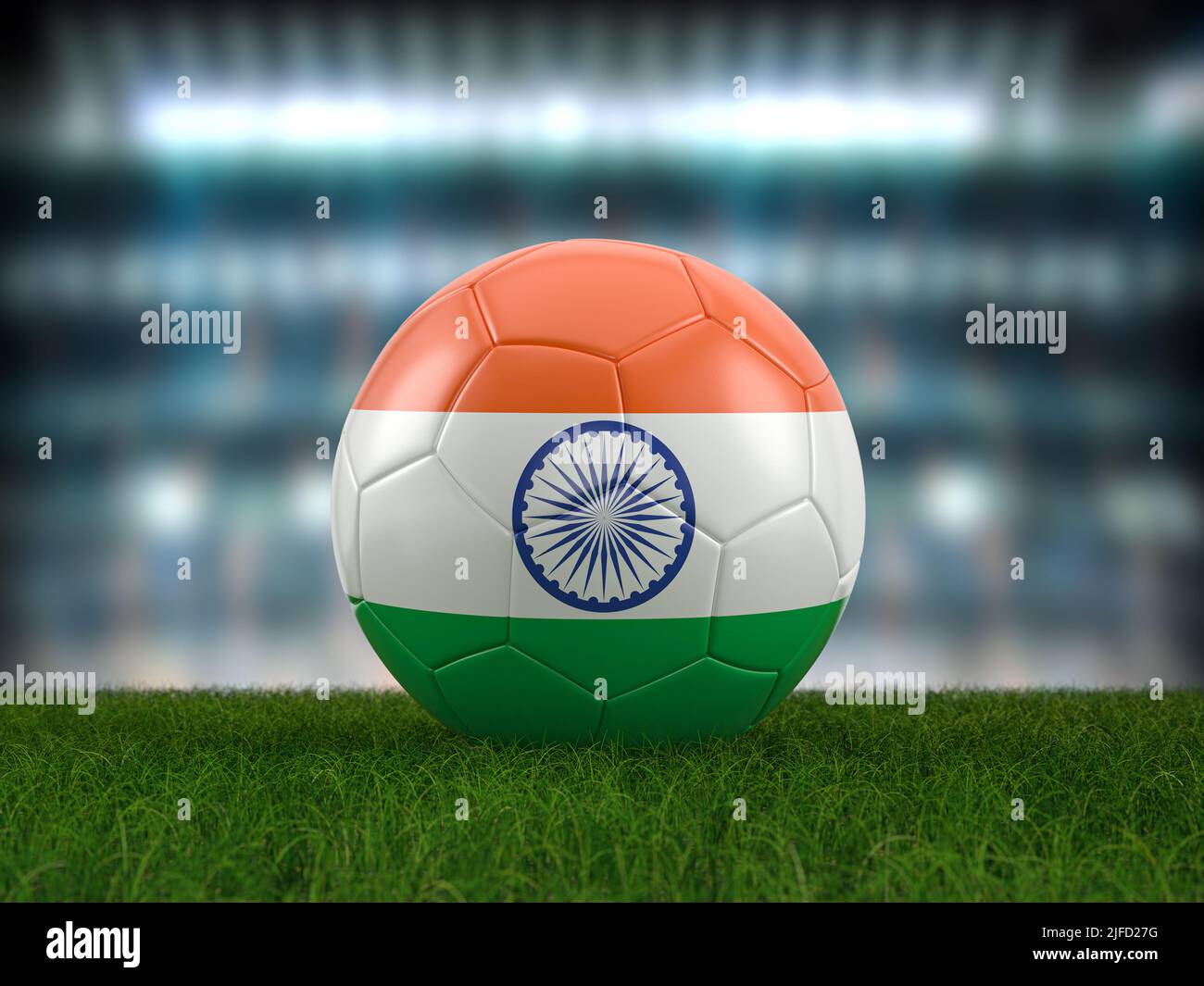 Soccer ball India flag on a soccer pitch. 3d illustration Stock Photo
