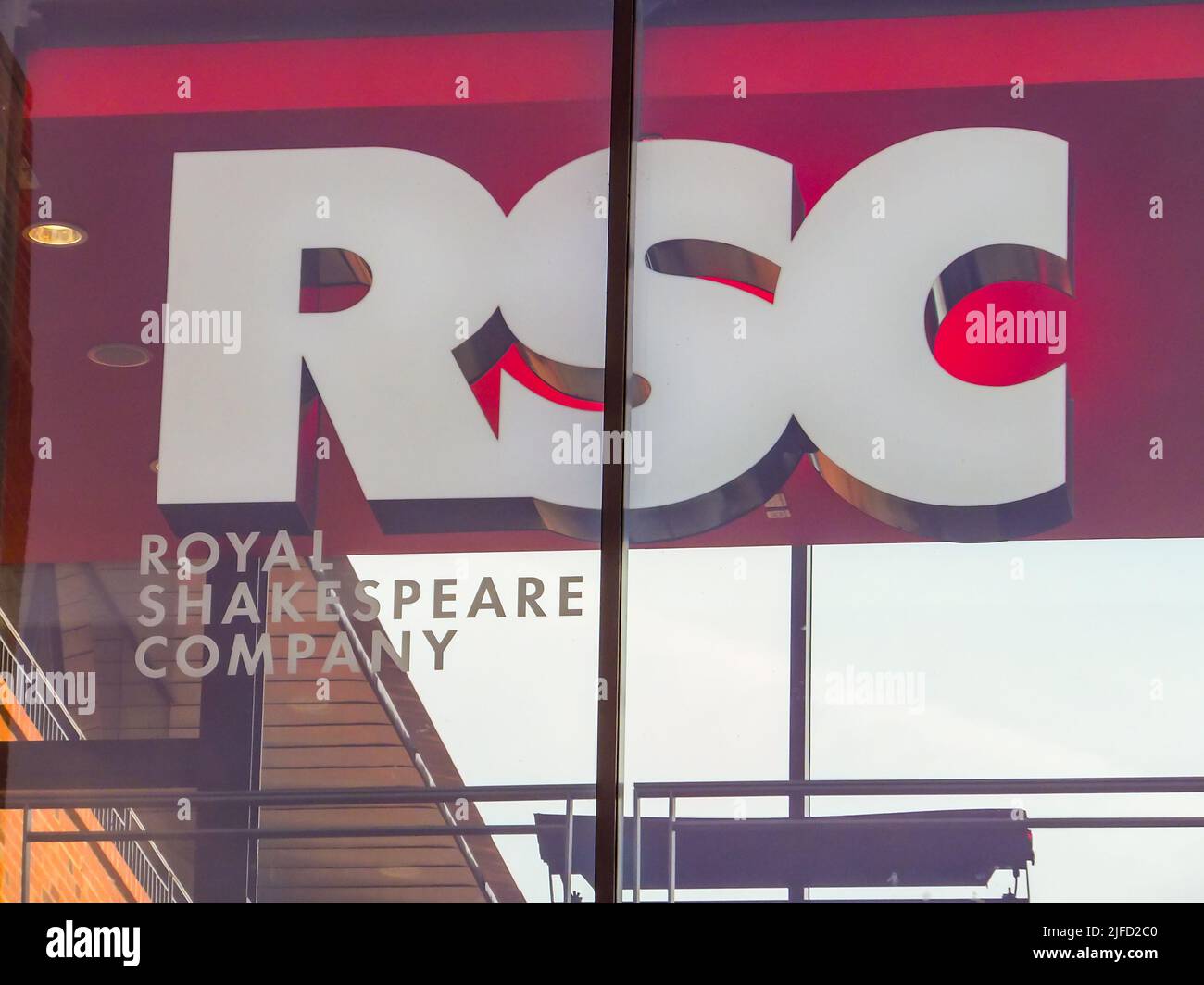 The Royal Shakespeare Company logo in their window in Stratford-upon-Avon, Warwickshire, England, UK. Stock Photo