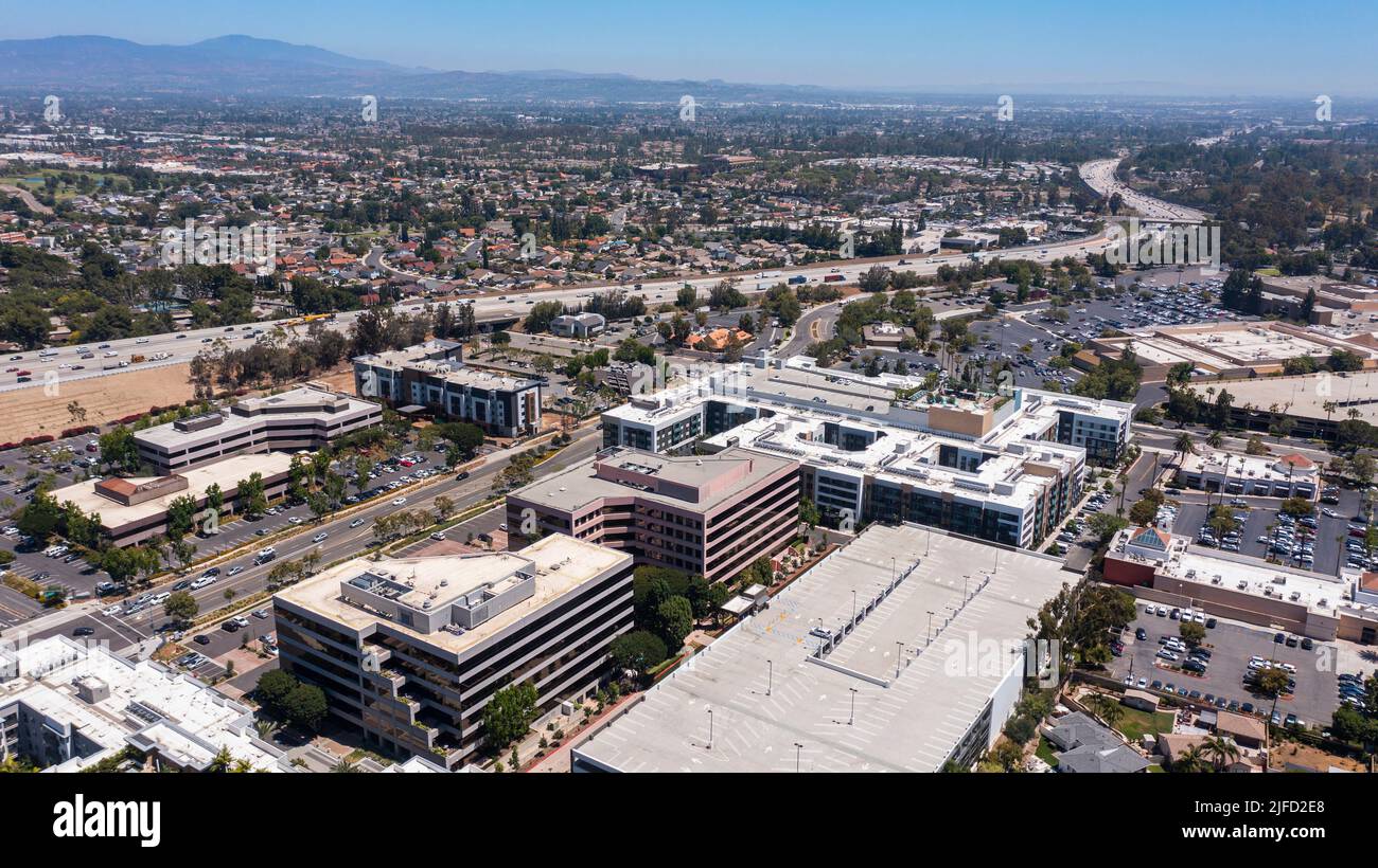 Day time aerial view of the downtown skyline of Brea, California, USA ...