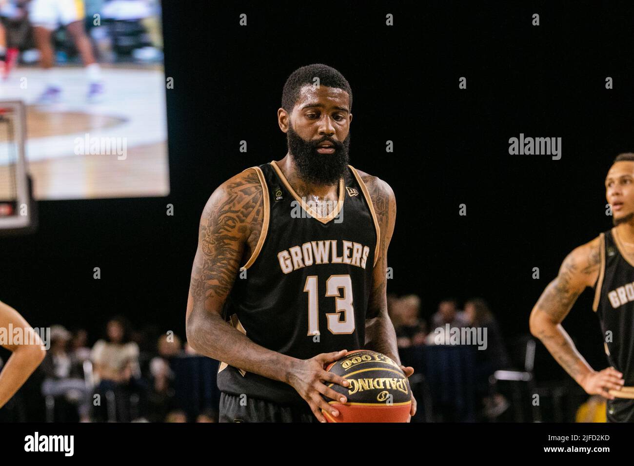 Newfoundland's #13 Terry Thomas (Guard) shoots a free throw during the Edmonton Stingers rout of the Newfoundland Growlers in Canadian Elite Basketball Action with a historic victory.Edmonton Stingers 120-69  Fraser Valley Bandits. Stock Photo