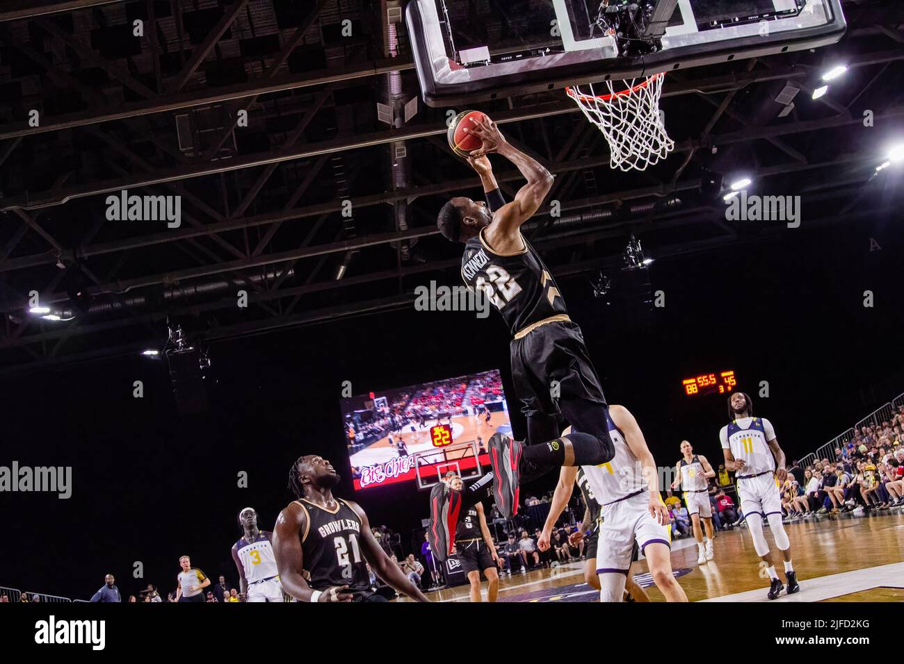 Newfoundland's #22 Jermel Kennedy (forward) seen in action during the Edmonton Stingers rout of the Newfoundland Growlers in Canadian Elite Basketball Action with a historic victory.Edmonton Stingers 120-69  Fraser Valley Bandits. Stock Photo